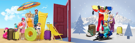 Happy family with suitcases split between summer and winter seasons. Sunny beach with umbrella and snowy mountains with snowboards, sled. Collage.の写真素材