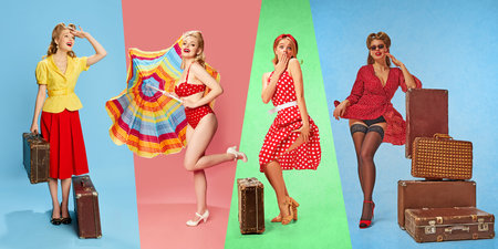 Four women in red polka dot pin up outfits posing with suitcases and umbrella, against colorful background. Collage.の写真素材