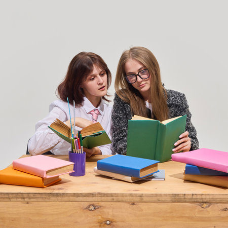 Two girls, students sitting at wooden desk, looking in textbooks and studying together with expressive emotions against grey background.の写真素材