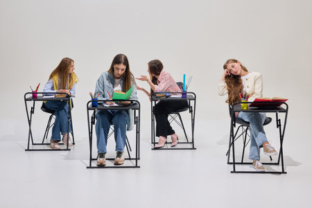 Classroom scene with four girls at desks reading books and interacting, some bored, others focused against grey background.の写真素材