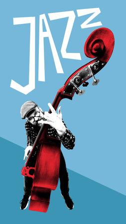Man with glasses and cap intensely playing double bass under JAZZ typography on blue background. Contemporary art collage.の写真素材