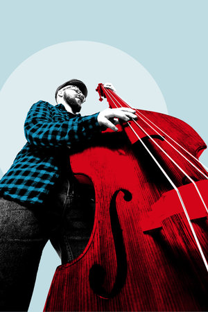 Bearded man in checkered shirt passionately playing upright bass with oversized red body and blue tones in stylized art collage.の写真素材