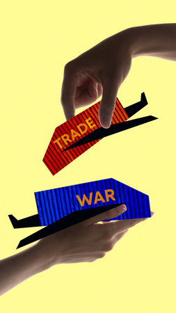 Two hands holding symbolic trade and war containers, illustrating escalation of economic conflict and tension in global business exchange.の写真素材