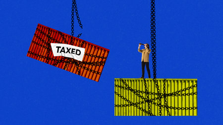 Two chained containers marked with tax and businessman observing through binoculars, frozen trade...