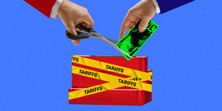 Hand cuts dollar from tariff-bound container, economic impact and fiscal disruption caused by trade restrictions and international policy shifts.の写真素材