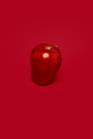 Vibrant red apple against deep red background. Healthy eating promotion, fresh produce, health, nutrition.の写真素材