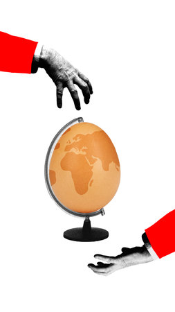 Giant egg as globe held between two grasping hands symbolizes fragile state of world economy and global struggle for financial controlの写真素材