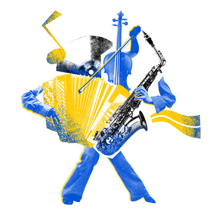 Design with abstract figure made from instruments like accordion, saxophone, and violin in blue-yellow duotone against white background.の写真素材