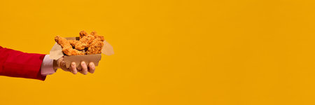 Hand in red sleeve holding box of crispy fried chicken nuggets against vibrant yellow background.