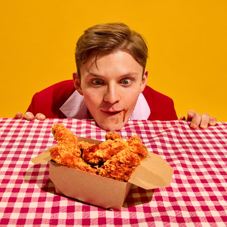 Humorous portrait of young excited man with sauce n face staring at box with crispy chicken nuggets over red checkered tablecloth and yellow background.の写真素材