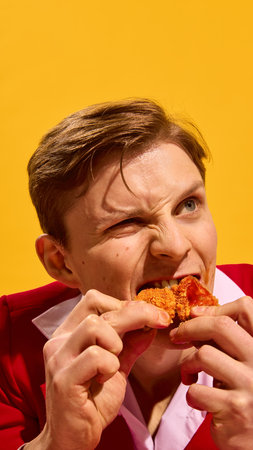 Close-up portrait of man emotionally biting crispy chicken wing with sauce on lips and intense expression against yellow background.の写真素材