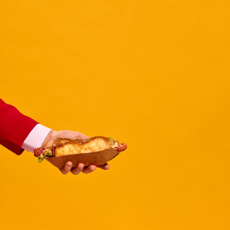 Hand holding hot dog in cardboard tray against vibrant yellow background with clean minimalist...