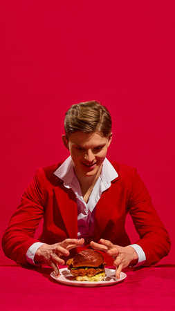 Man in red suit intensely preparing to grab sandwich with joyful grin and outstretched hands...