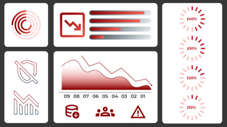 Modern dashboard layout filled with warning signs, dropping indicators, and red visuals conveys message of severe business downturnのイラスト素材