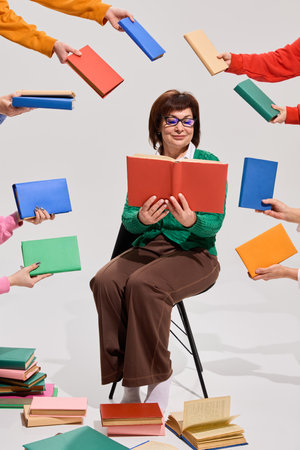 Elderly woman in green cardigan reading red book while surrounded by books and floating hands offering more against white background.の写真素材