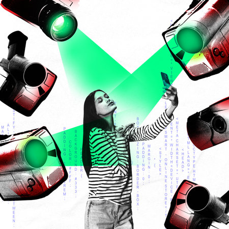 Woman takes selfie while multiple cameras track her with green light. Digital narcissism and technocratic observation.の写真素材