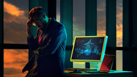 Stressed businessman standing next to computer showing global economic collapse, worldwide meltdown, market crash.の写真素材