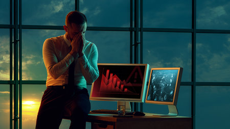 Desperate businessman in his office, holding head in hands computer screens showing severe economic...