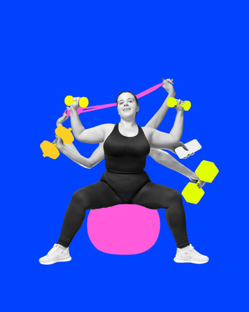 Confident woman sitting on fitness ball with multiple hands holding colorful dumbbells and resistance band against blue backgroundの写真素材