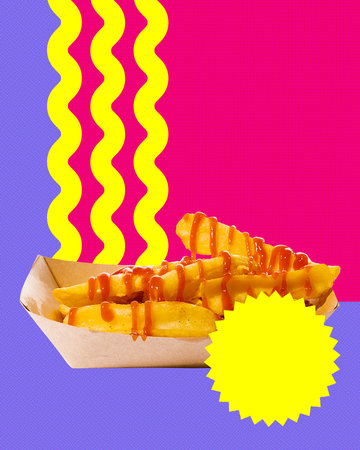 Box of French fries with ketchup sauce set against bold pop art background in red, yellow, purple colors. Fast food restaurant promoの写真素材
