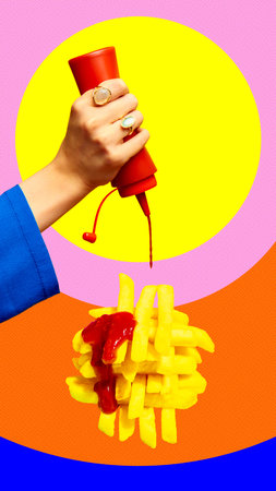 Hand squeezing ketchup over French fries on layered circular background with pink orange yellow...