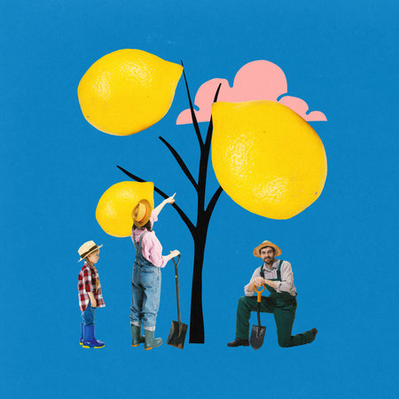 Child and adults work together on garden, growing and picking giant lemons from tree against blue backgroundの写真素材