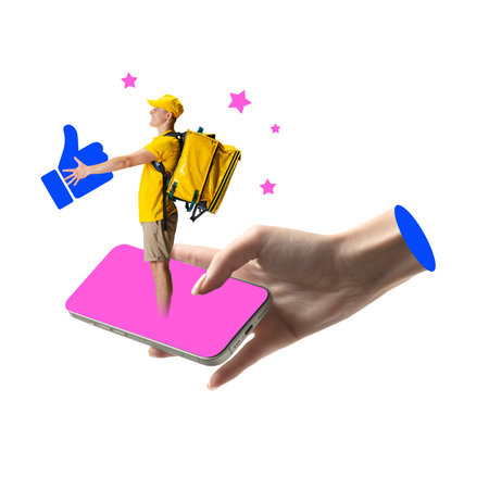 Cheerful delivery man in yellow uniform stands on smartphone platform with open arms and floating stars. Evaluation of delivery serviceの写真素材