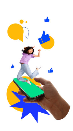 Smiling girl in purple shirt jumps out of phone surrounded by yellow speech bubbles and blue likesの写真素材