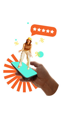 Colorful woman with hat and glasses stands on phone as five-star rating and discount symbols float aboveの写真素材