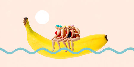 Women in colorful swimsuits sit on floating banana like boat over waves against pastel background. Contemporary art collageの写真素材