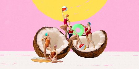 Women in swimsuits play with beach balls and float rings inside giant coconut shells against pink...