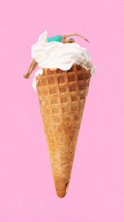 Woman in green swimsuit floats on top of whipped ice cream cone over pink background. Contemporary art collage.の写真素材