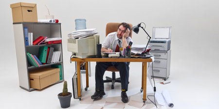 Man sits in messy office surrounded by paperwork, looking exhausted and frustrated in retro office settings.の写真素材