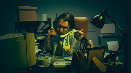 Stressed office worker multitasks with phone, pencil, paperwork in cluttered retro office, showing chaos, pressure, overwork, frustration.の写真素材