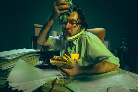 Office man holding sandwich, talking on phone with papers on desk representing pressure, burnout, stress.の写真素材