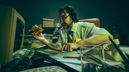 Office worker with headset eats sandwich while working at messy desk in dimly lit, green-tinted...