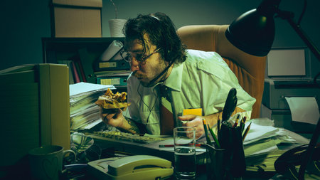 Office worker with headset eats sandwich while working at messy desk in dimly lit, green-tinted room. Burnout, lack of work-life balance.の写真素材