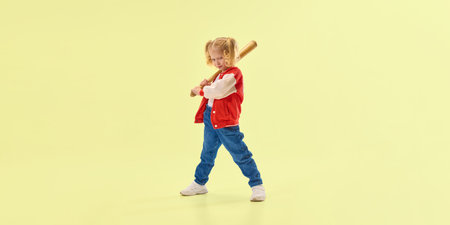 Smiling girl in red varsity jacket holds wooden baseball bat over shoulder, confidently standing against yellow background.の写真素材