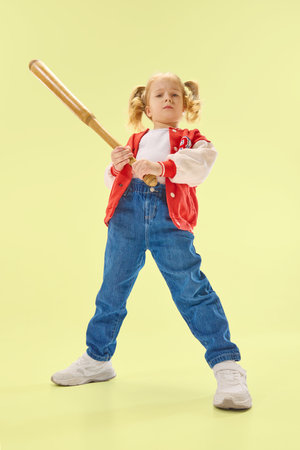 Low angle view of serious girl in red varsity jacket holds bat in action pose against yellow background.の写真素材