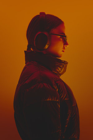 Woman wearing headphones, black jacket and sunglasses, posing against orange studio background in neon. Contemporary style and music.の写真素材