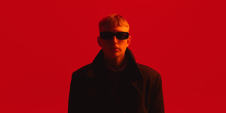 Portrait of young man in black coat and sunglasses stares ahead in moody red background.の写真素材