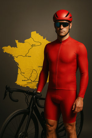 Sportive man, cyclist in red sportswear and helmet stands beside bike in front of map of France. Concept of professional sport, competitionの素材
