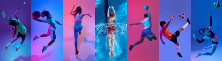 Badminton, basketball, running, swimming, handball, football and volleyball. Set of images of athletes in motion isolated on multicolor background in neon light.の写真素材