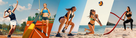 Different women in motion, training outdoors on beach and stadiums. Volleyball, fitness, athletics, workout. Collage.の写真素材