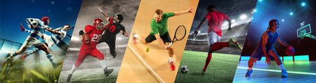 Basketball, rugby, football, tennis and soccer. Set of images of athletes competing in stadiums in dynamic motion. Collage.の写真素材