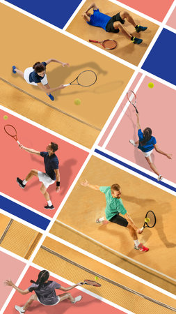 Collage with tennis players in action showing jump, swing and serve on stylized graphic tennis courts with colorful layout. Collage.の写真素材
