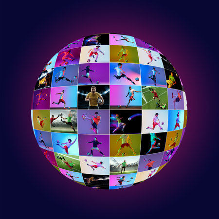 Creative collage of different soccer players in motion during game and training sessions, showing...
