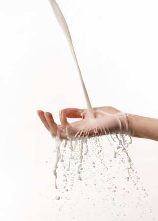 Milk hits open palm with splash explosion and flying droplets in minimal setup.の写真素材