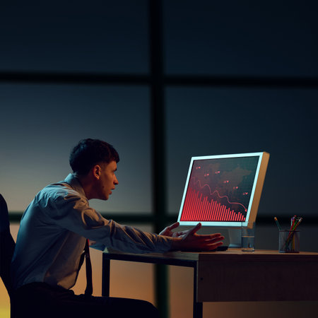 Frustrated businessman in office at night gestures angrily at computer screen showing dramatic...