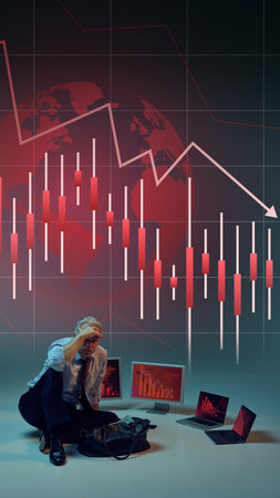 Businessman sitting on floor in dimly lit setting, in front of computer screens and laptop displaying red graphs indicating sharp decline.の写真素材